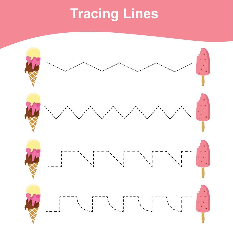 Tracing lines worksheet. Kids educational game. Worksheet for preschool. Drawing practice with summer theme. Vector file.