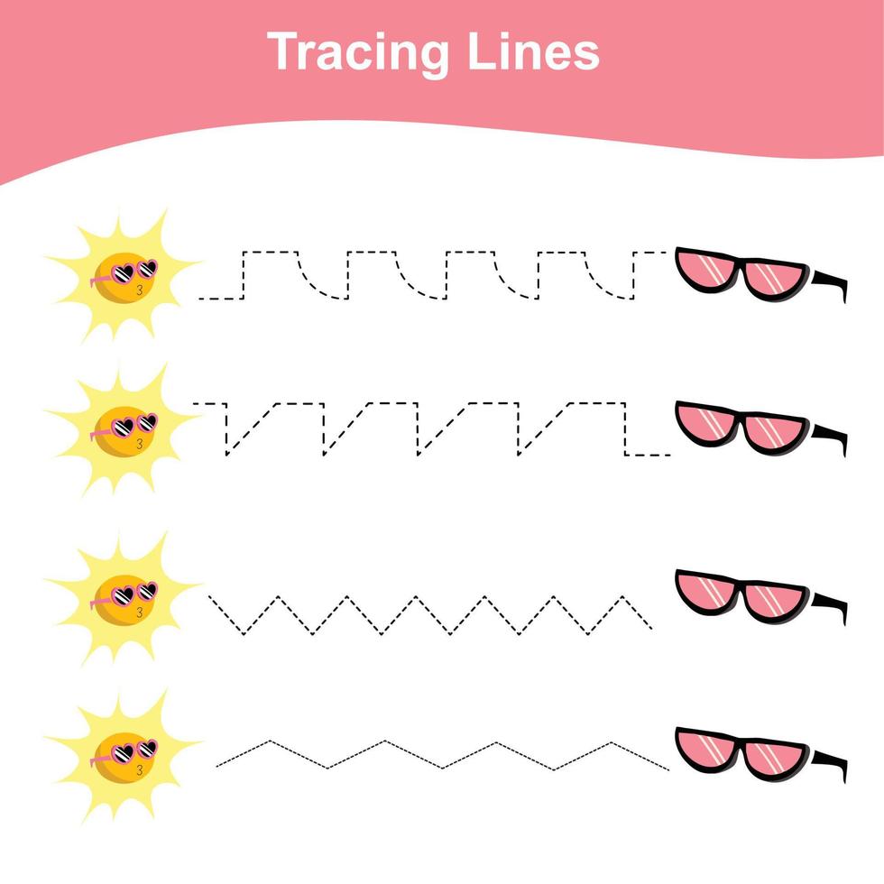 Tracing lines worksheet. Kids educational game. Worksheet for preschool. Drawing practice with summer theme. Vector file.