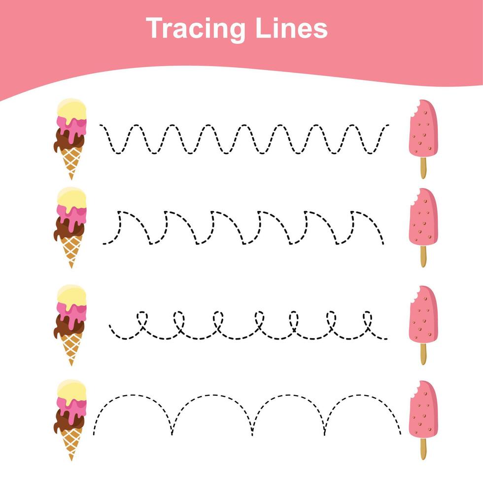 Tracing lines worksheet. Kids educational game. Worksheet for preschool. Drawing practice with summer theme. Vector file.