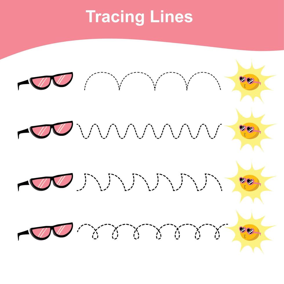 Tracing lines worksheet. Kids educational game. Worksheet for preschool. Drawing practice with summer theme. Vector file.
