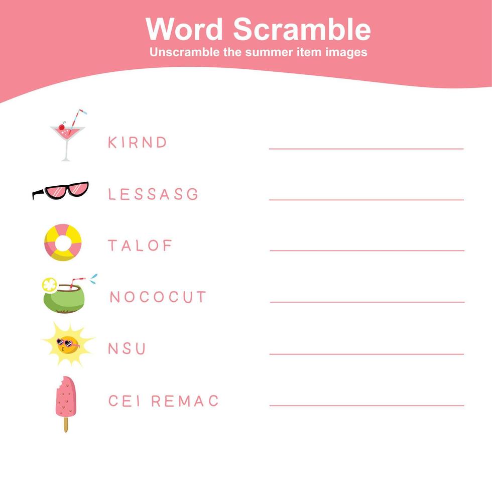 Word scramble worksheet. Kids educational game. Worksheet for preschool. Writing practice with summer theme. Vector file.