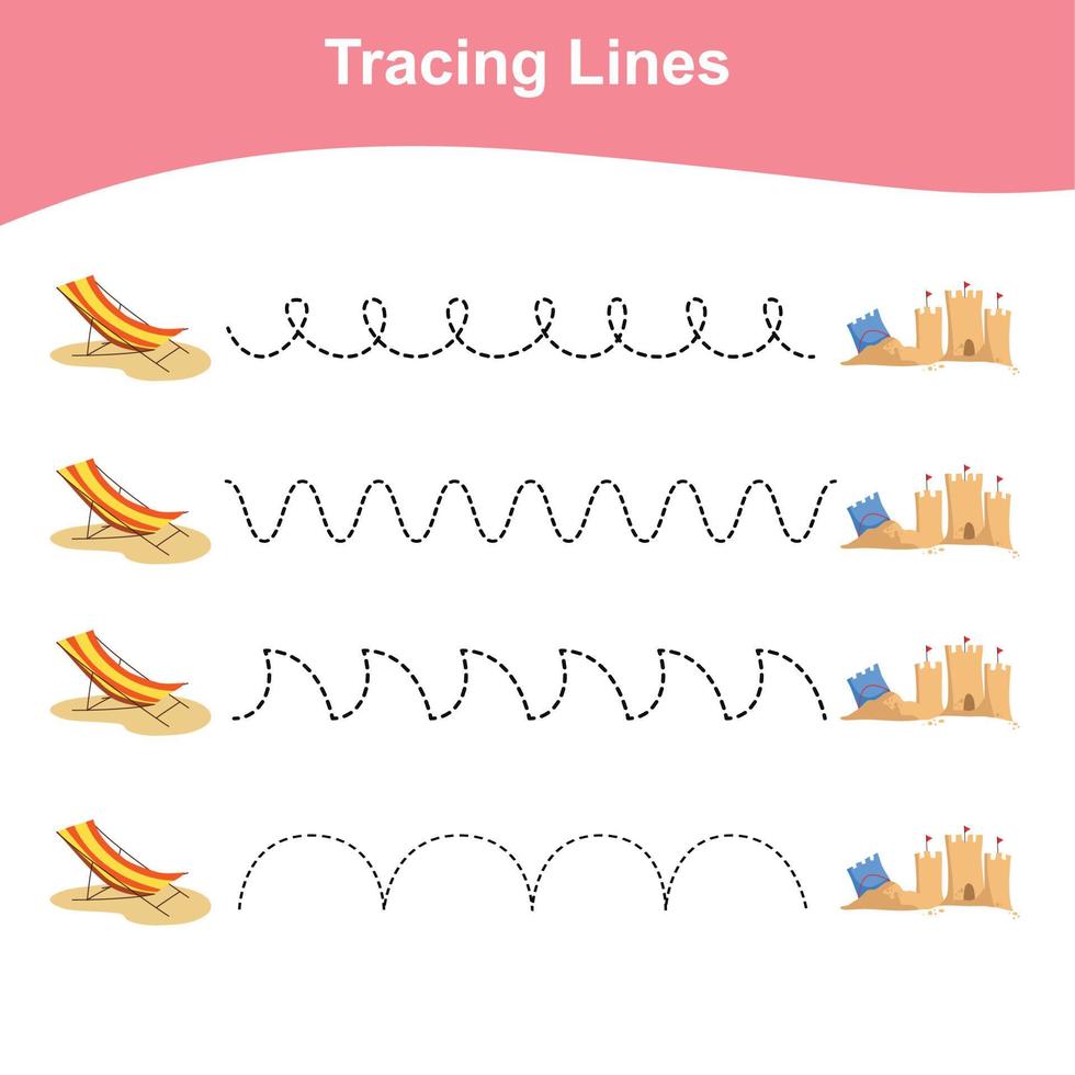 Tracing lines worksheet. Kids educational game. Worksheet for preschool. Drawing practice with summer theme. Vector file.