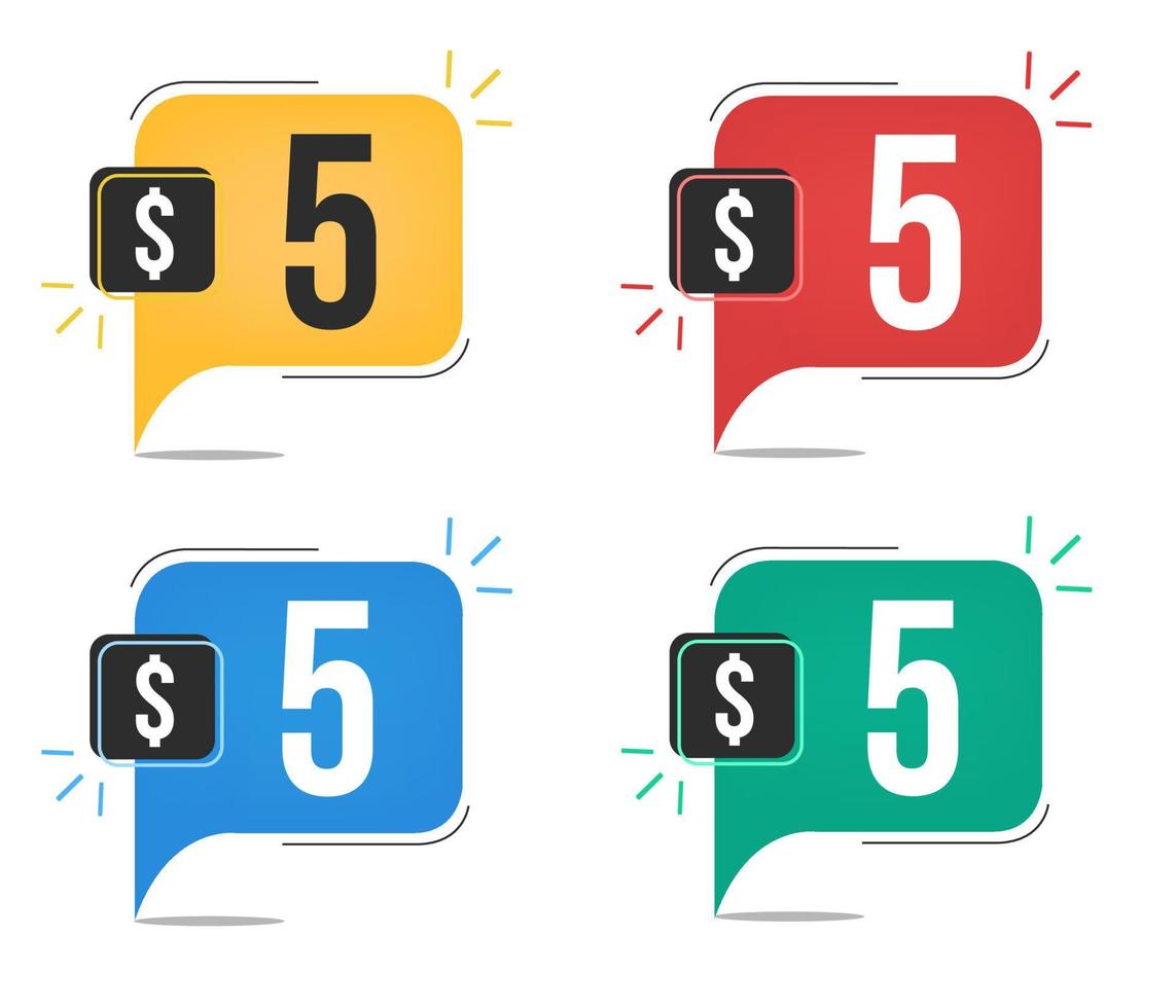 5 dollar price. Yellow, red, blue and green currency tags. Balloon concept with five dollars sales tag. vector