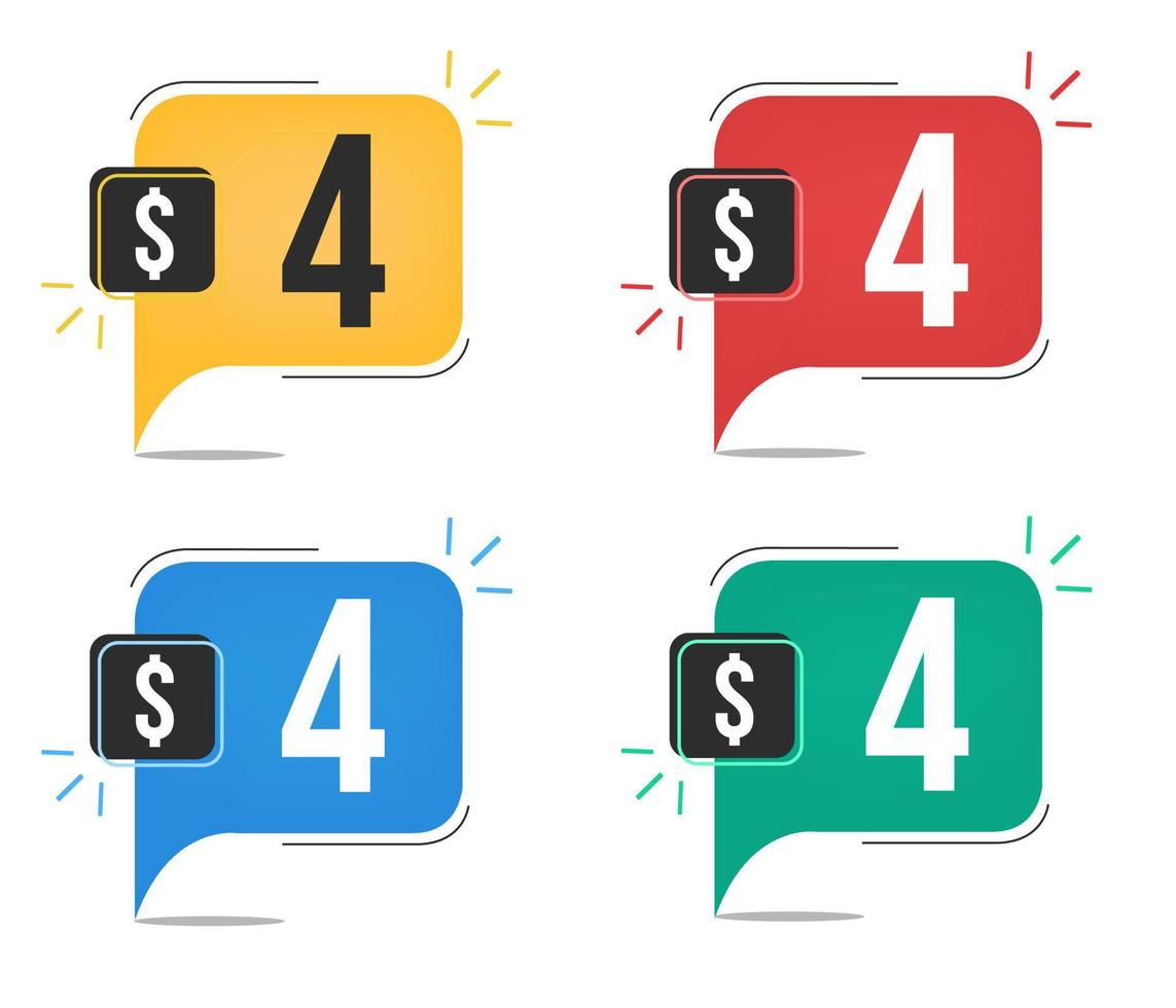 4 dollar price. Yellow, red, blue and green currency tags. Balloon concept with four dollars sales tag. vector