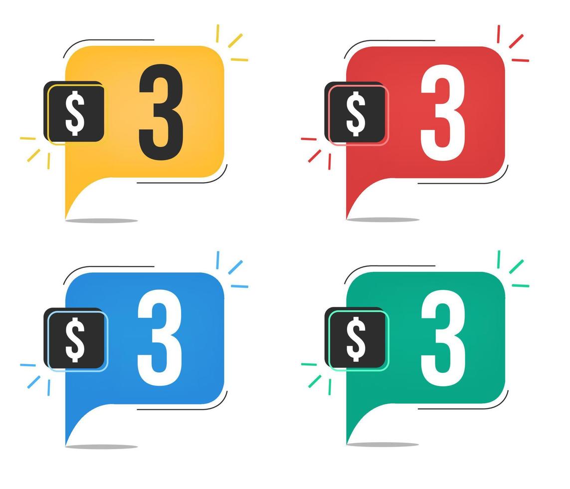 3 dollar price. Yellow, red, blue and green currency tags. Balloon concept with three dollars sales tag. vector