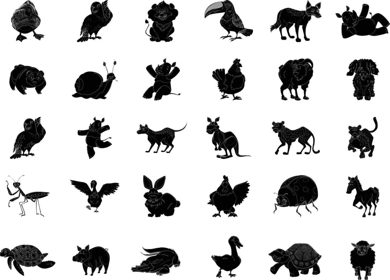 Big bundle of funny domestic and wild animals, marine mammals, reptiles, birds and fish. Collection of cute cartoon characters isolated on white background. Colorful vector illustration in flat style.