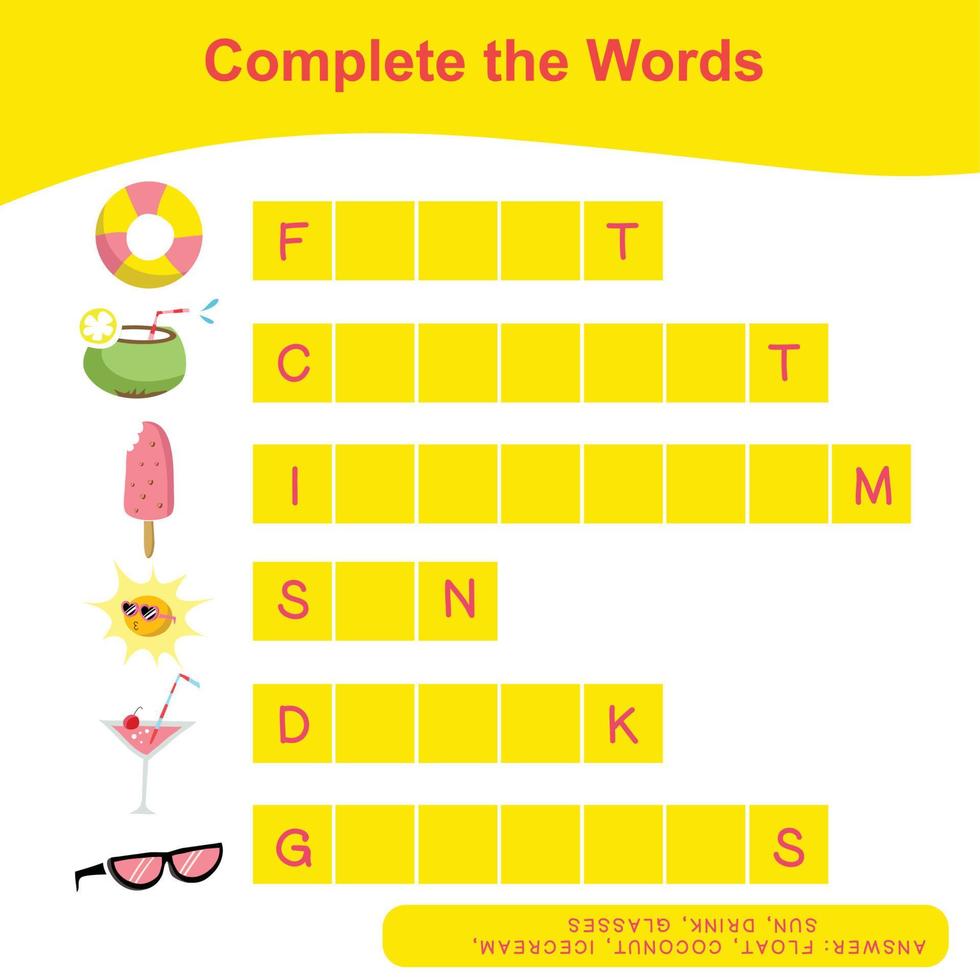 Complete the words worksheet. Kids educational game. Worksheet for preschool. Writing practice with summer theme. Vector file.
