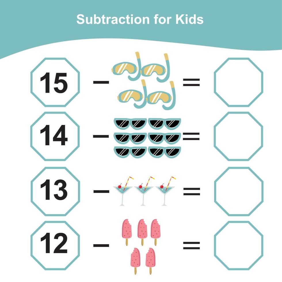 Counting summer items for preschool. Printable math worksheet. Math Game for Preschool. Vector file.