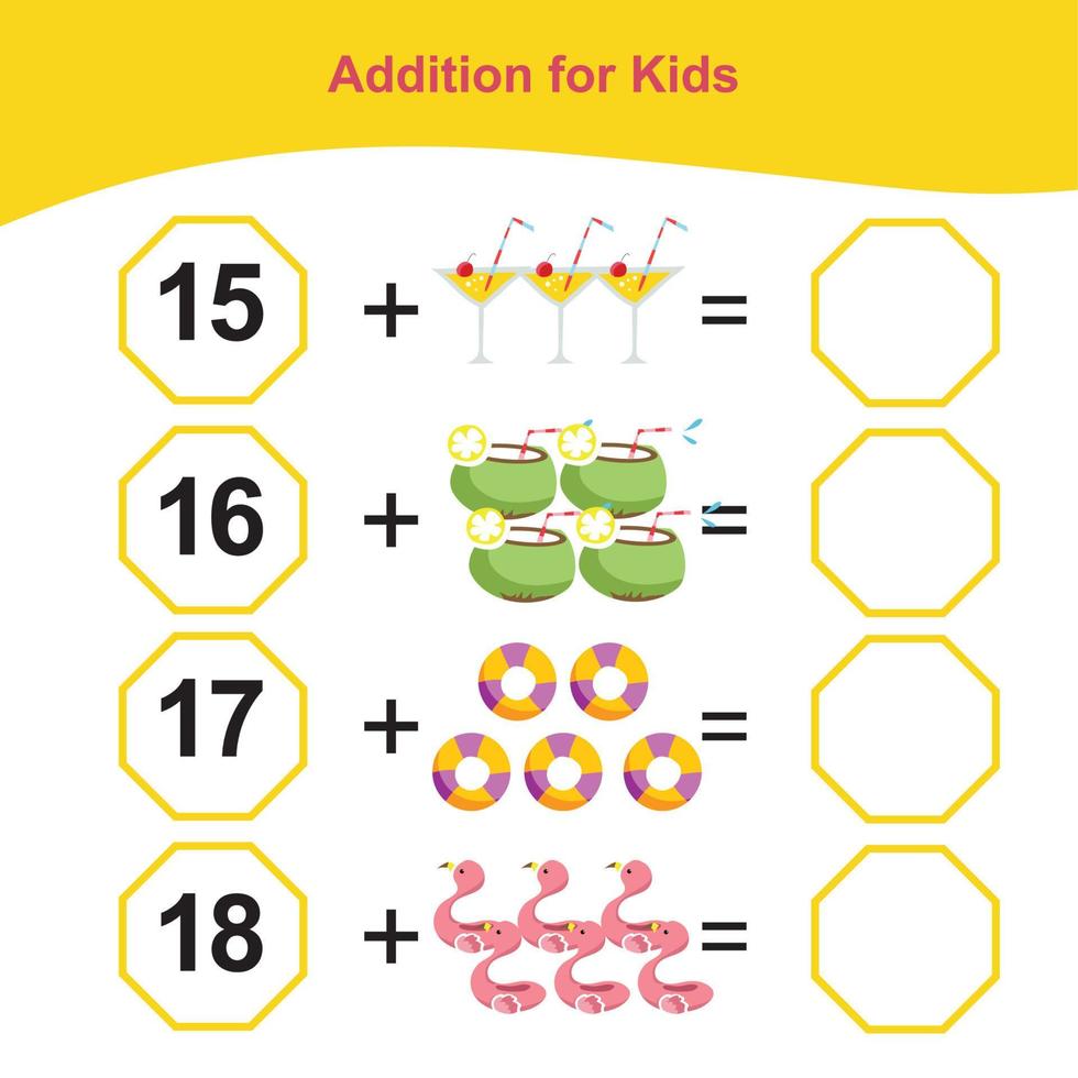 Counting summer items for preschool. Printable math worksheet. Math Game for Preschool. Vector file.