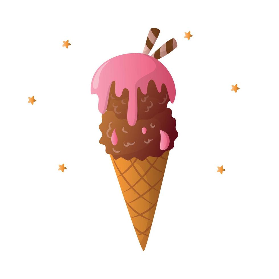chocolate cream, cone with chocolate ice cream and colored sprinkles vector illustration
