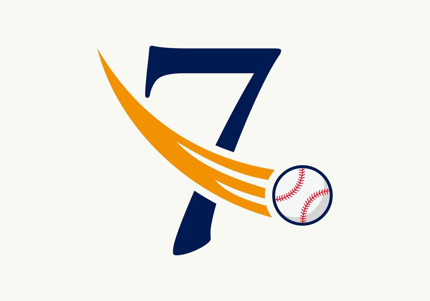 concepto de logotipo de béisbol de letra 7 con plantilla de vector de icono de béisbol en movimiento