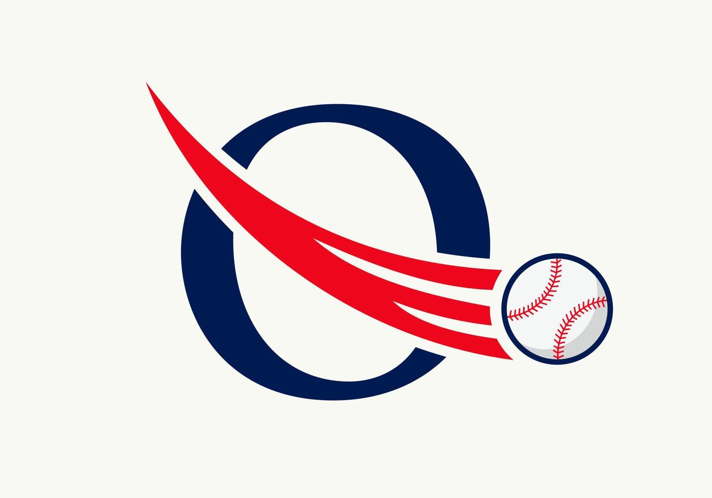 letra o concepto de logotipo de béisbol con plantilla de vector de icono de béisbol en movimiento