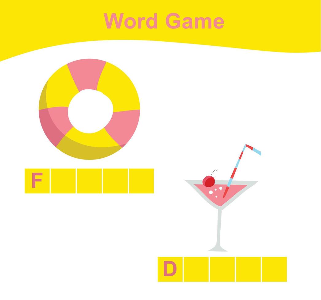 Complete the words worksheet. Kids educational game. Worksheet for preschool. Writing practice with summer theme. Vector file.