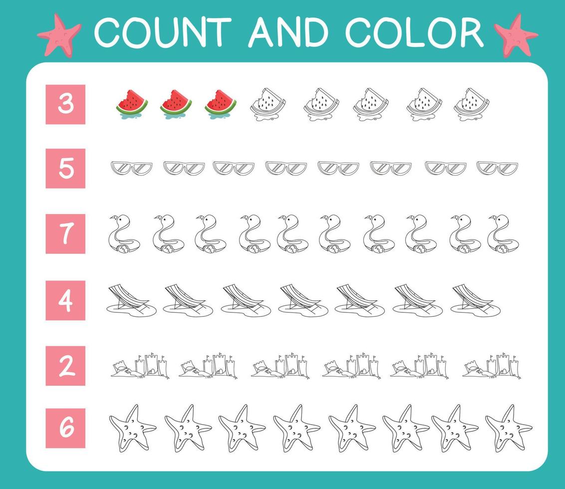 Count and Color worksheet. Printable math worksheet. Math Game for Preschool. Vector file.