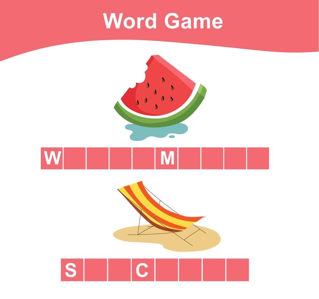 Complete the words worksheet. Kids educational game. Worksheet for preschool. Writing practice with summer theme. Vector file.