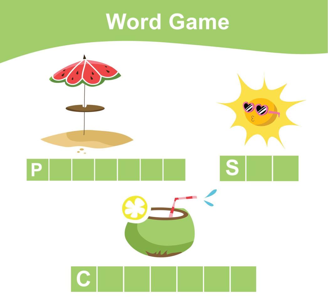 Complete the words worksheet. Kids educational game. Worksheet for preschool. Writing practice with summer theme. Vector file.