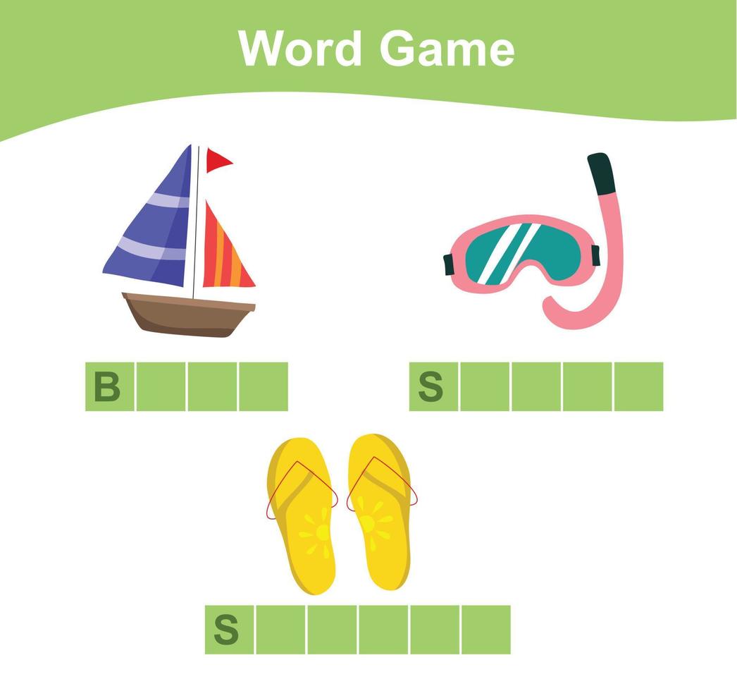 Complete the words worksheet. Kids educational game. Worksheet for preschool. Writing practice with summer theme. Vector file.