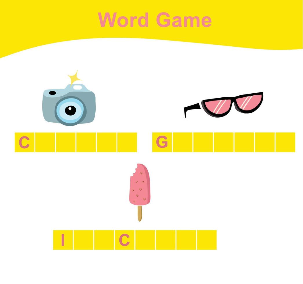 Complete the words worksheet. Kids educational game. Worksheet for preschool. Writing practice with summer theme. Vector file.