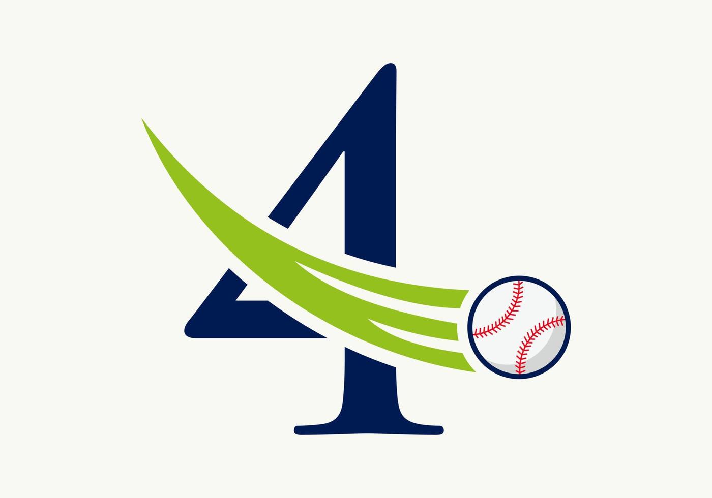 concepto de logotipo de béisbol de letra 4 con plantilla de vector de icono de béisbol en movimiento