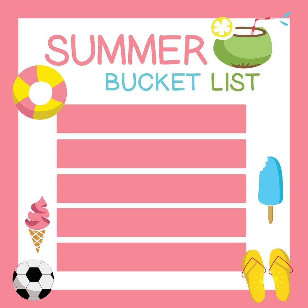 Summer planner for kids. Writing practice for children. Colorful agenda and worksheet. Vector file.