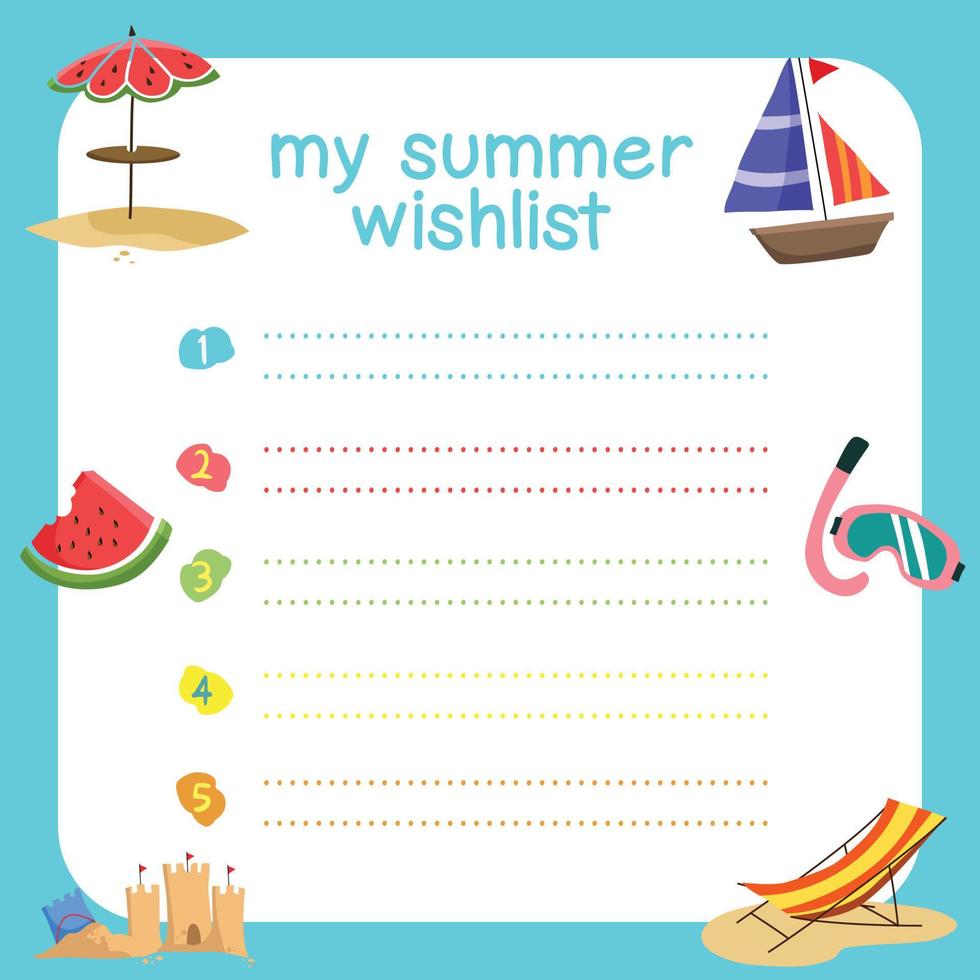 Summer planner for kids. Writing practice for children. Colorful agenda and worksheet. Vector file.