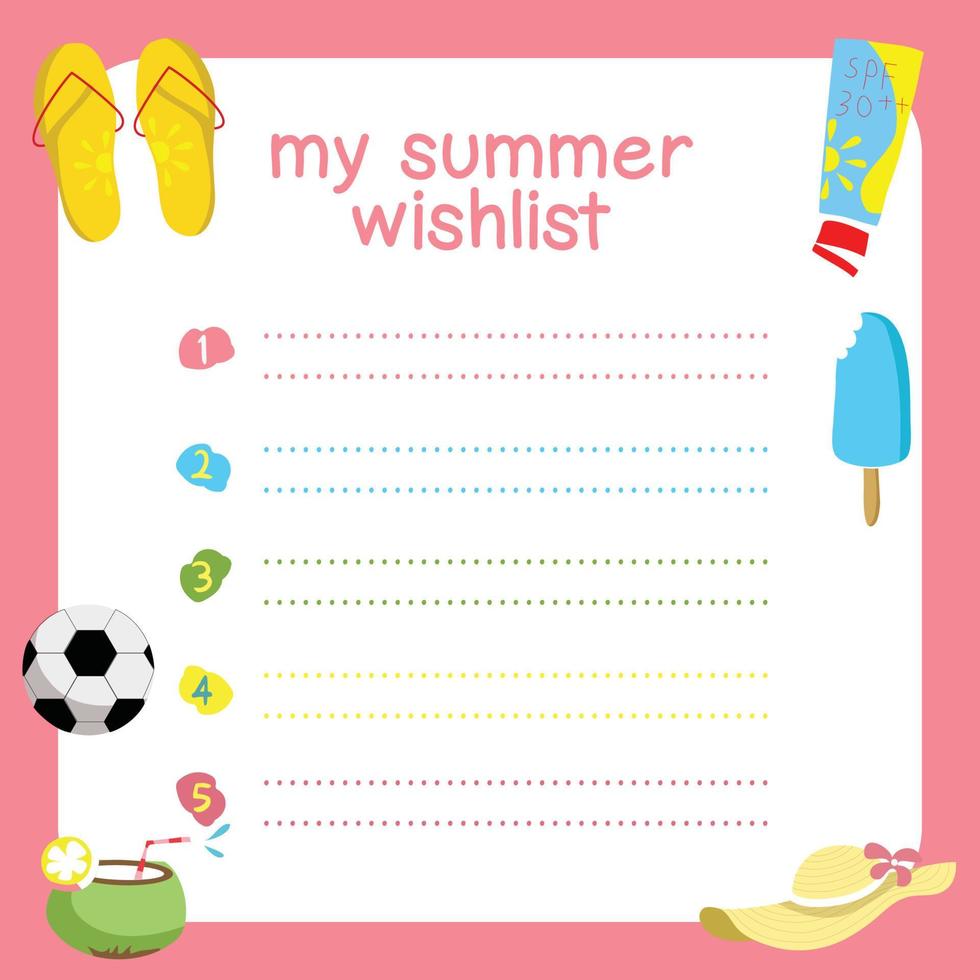 Summer planner for kids. Writing practice for children. Colorful agenda and worksheet. Vector file.