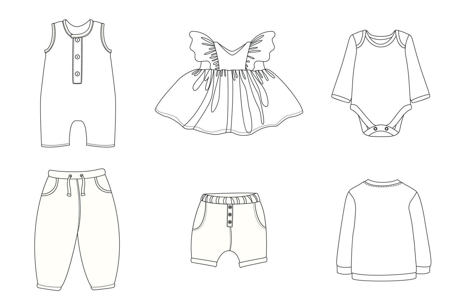 Set of children's clothes on a white background, vector mockups of children's clothes, dress for a girl, shorts for children, pants, overalls for a baby, bodysuit for a baby