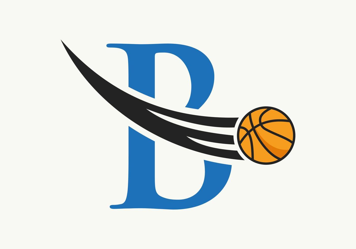 letra inicial b concepto de logotipo de baloncesto con icono de baloncesto en movimiento. Plantilla de vector de símbolo de logotipo de baloncesto