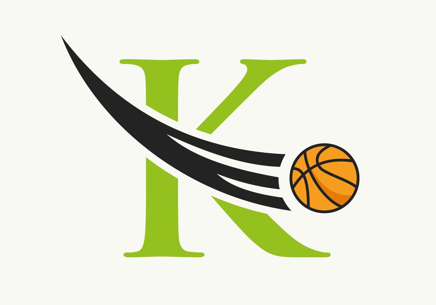 letra inicial k concepto de logotipo de baloncesto con icono de baloncesto en movimiento. Plantilla de vector de símbolo de logotipo de baloncesto