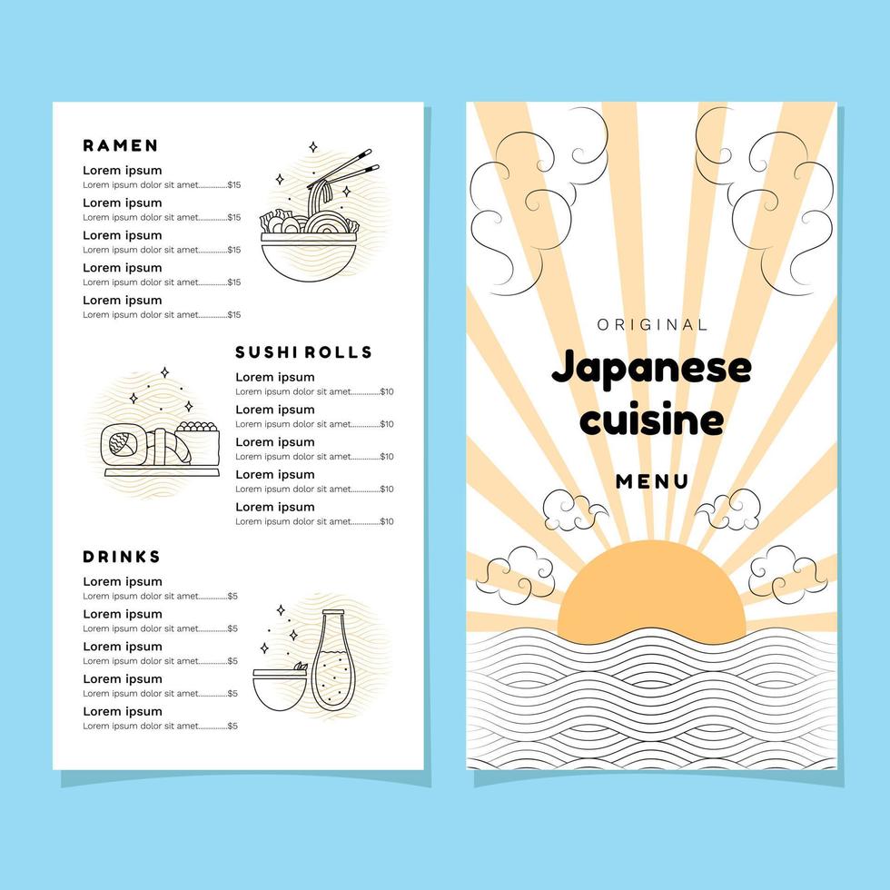 Japanese cuisine menu, Minimalist restaurant menu, modern Japanese restaurant menu, Japanese menu, stylish menu, restaurant menu vector