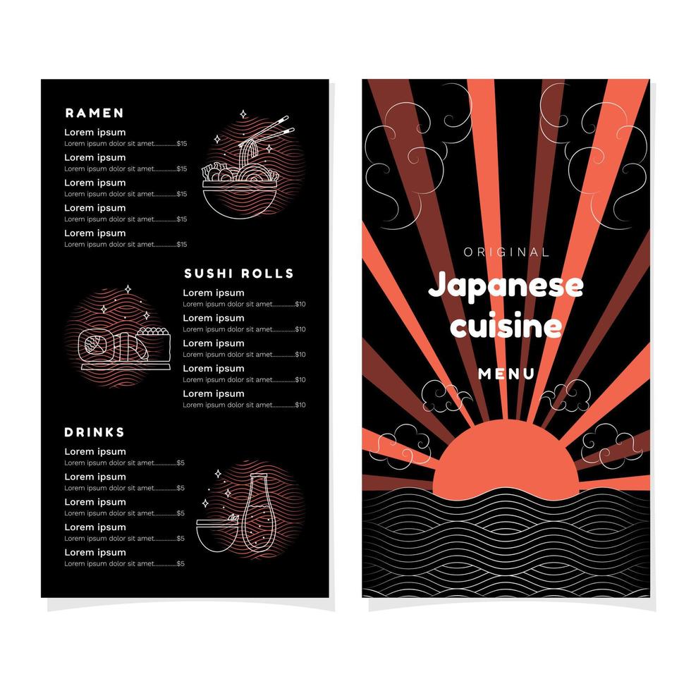 Japanese cuisine menu, Minimalist restaurant menu, modern Japanese restaurant menu, Japanese menu, stylish menu, restaurant menu vector