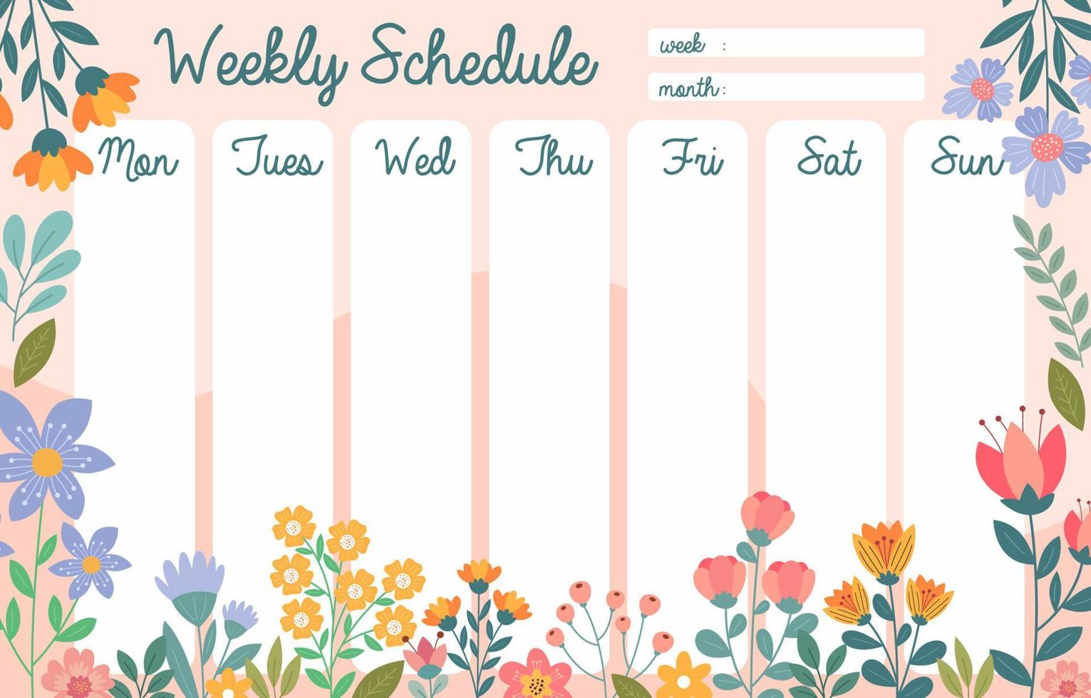 plantilla de horario semanal con elemento de flor floreciente vector