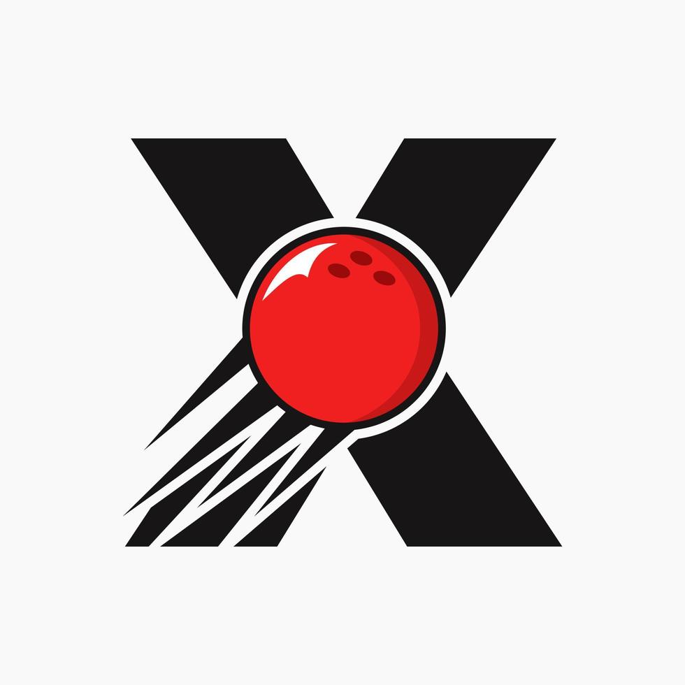 letra inicial x concepto de logotipo de bolos con icono de bola de bolos en movimiento. bolos deportes logotipo símbolo vector plantilla