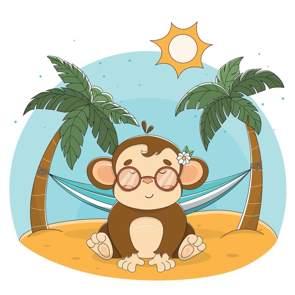 lindo mono de dibujos animados sentado, linda ilustración vectorial con pequeño mono para ropa de bebé e invitación, lindo animal tropical vector