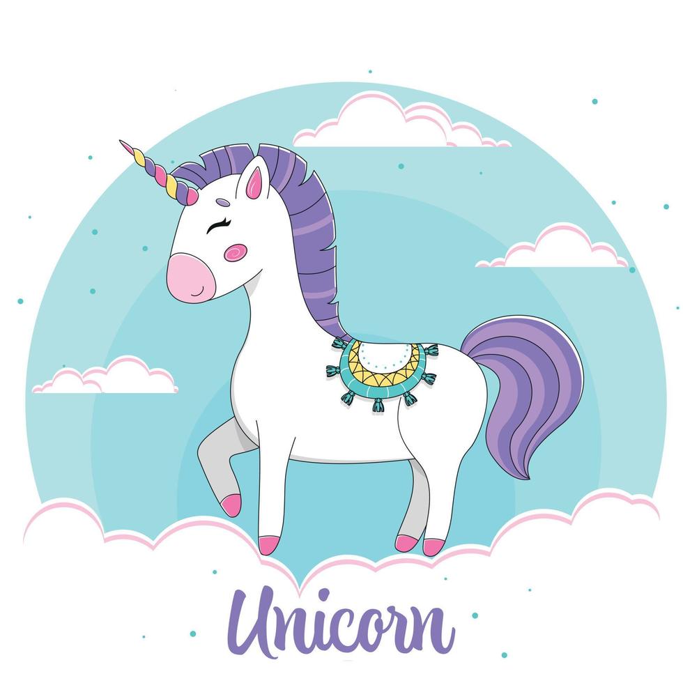 Vector illustration of a cute unicorn, unicorn standing on a cloud, cartoon unicorn character vector