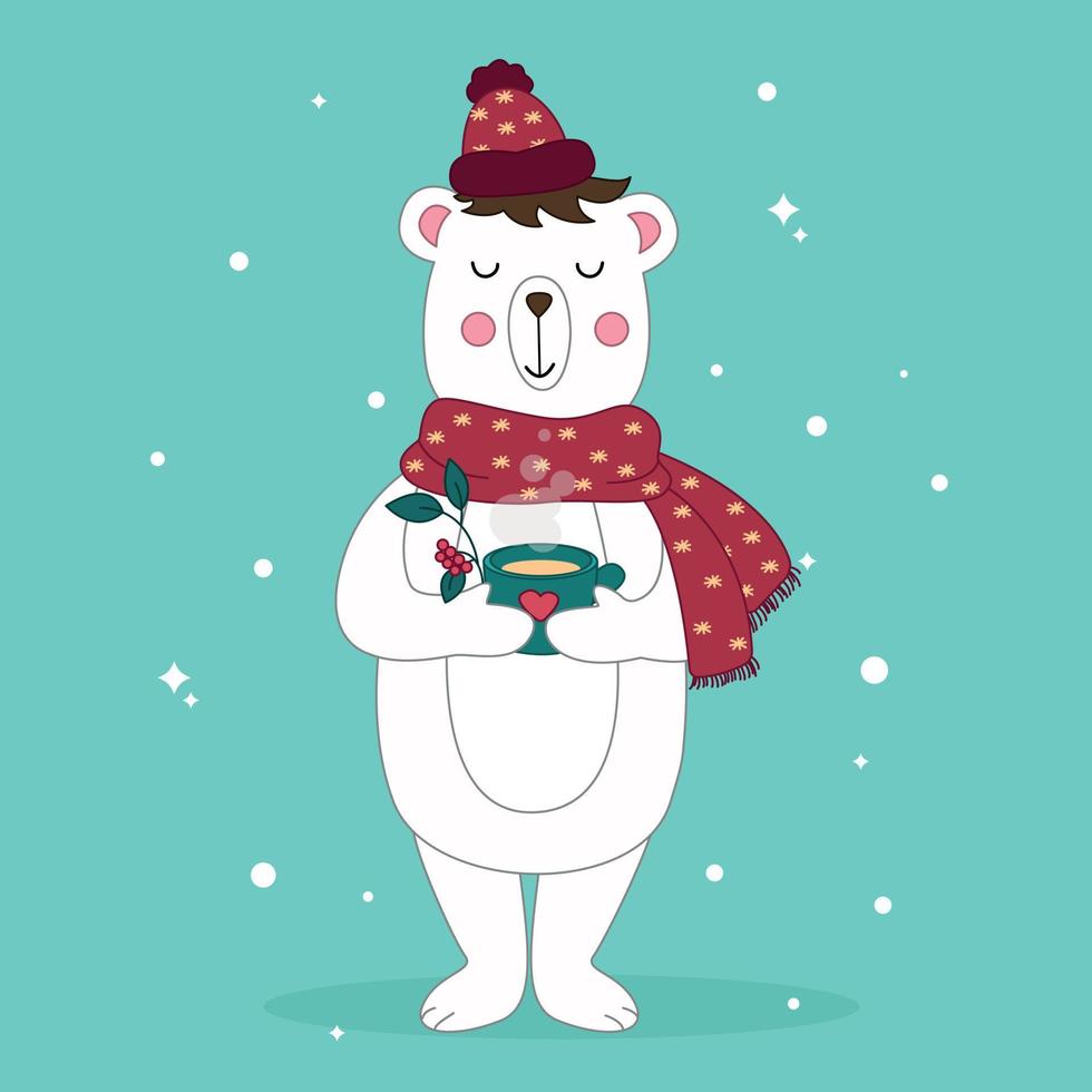 polar bear vector, cute polar bear in knitted scarf, wild animals, cartoon polar bear, polar bear in hand drawing style vector