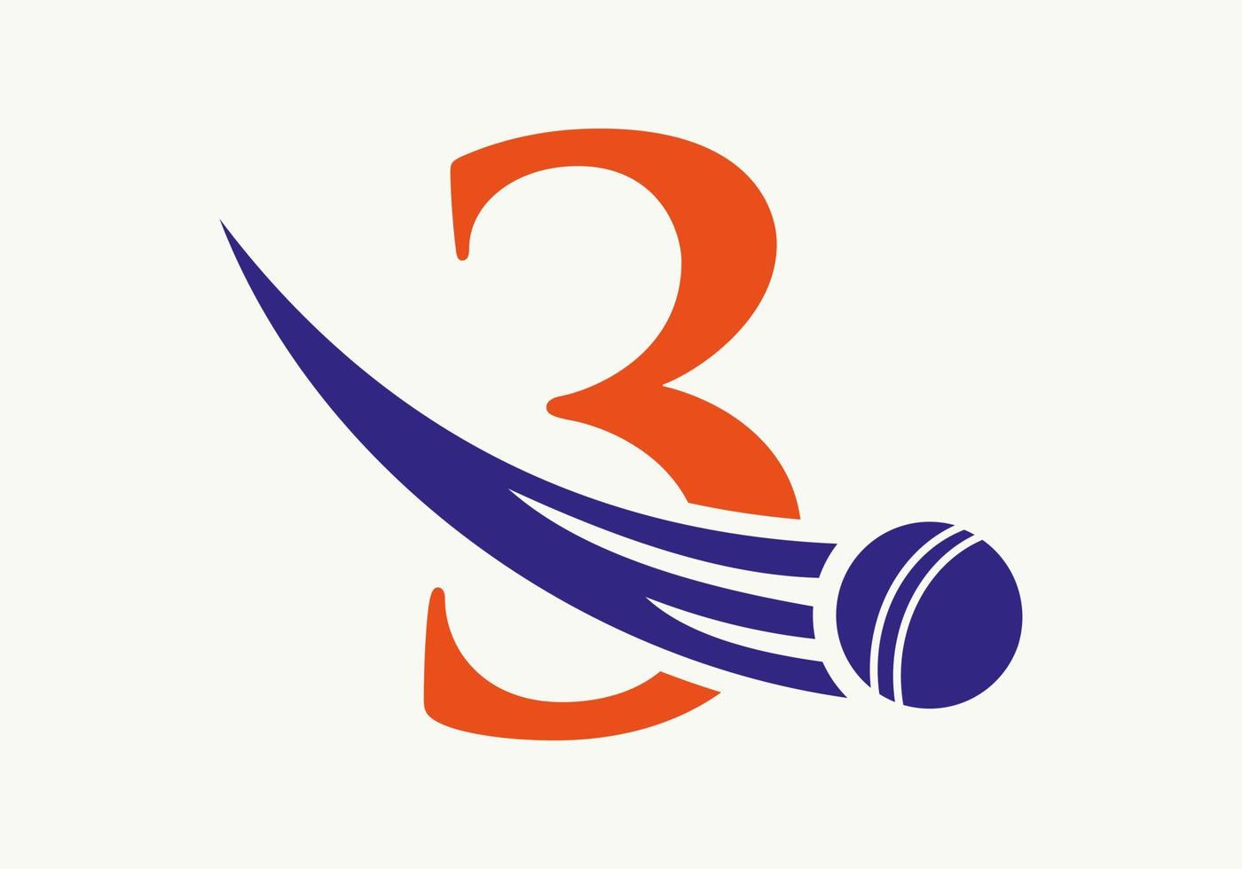 concepto de logotipo de cricket de letra 3 con icono de bola de cricket en movimiento. plantilla de vector de símbolo de logotipo de deportes de cricket