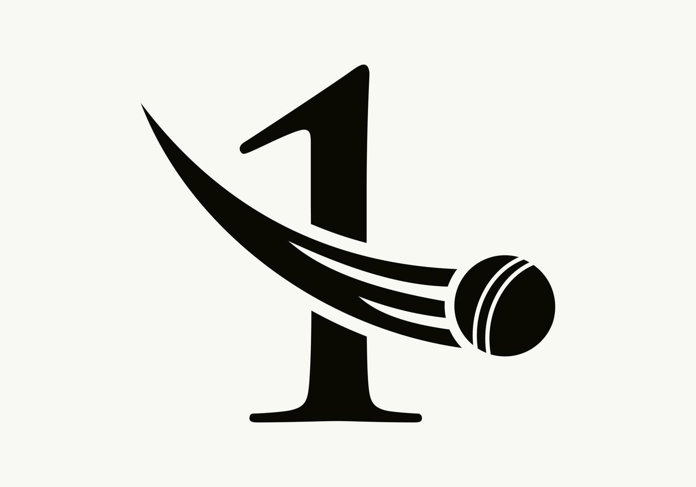 concepto de logotipo de cricket de letra 1 con icono de bola de cricket en movimiento. plantilla de vector de símbolo de logotipo de deportes de cricket