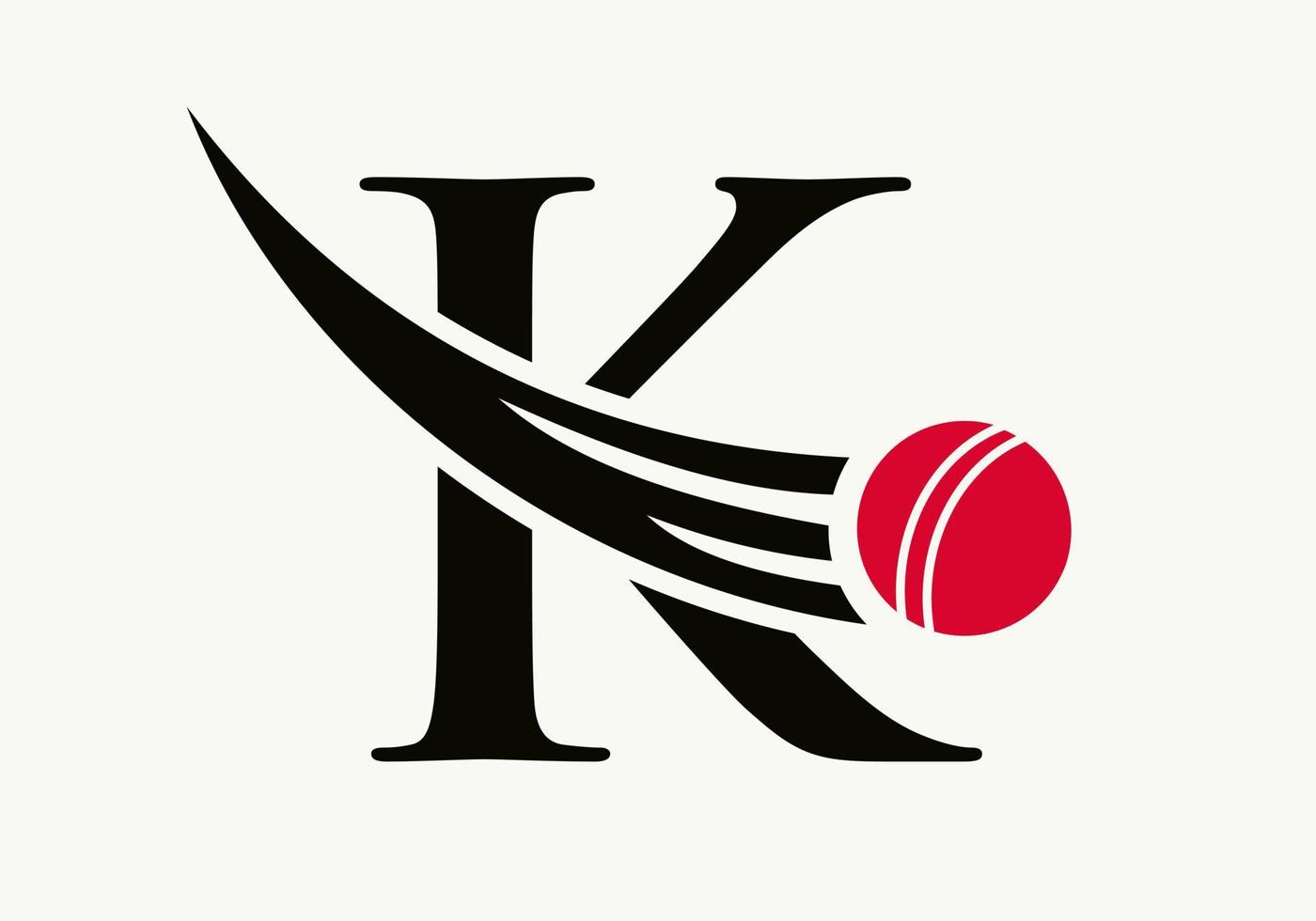 concepto de logotipo de cricket de letra k con icono de bola de cricket en movimiento. plantilla de vector de símbolo de logotipo de deportes de cricket