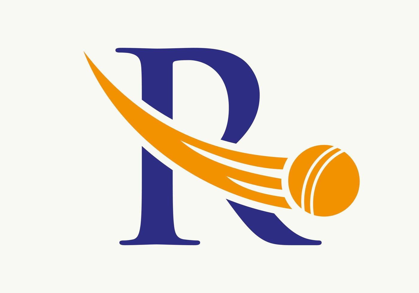 concepto de logotipo de cricket con letra r con icono de bola de cricket en movimiento. plantilla de vector de símbolo de logotipo de deportes de cricket