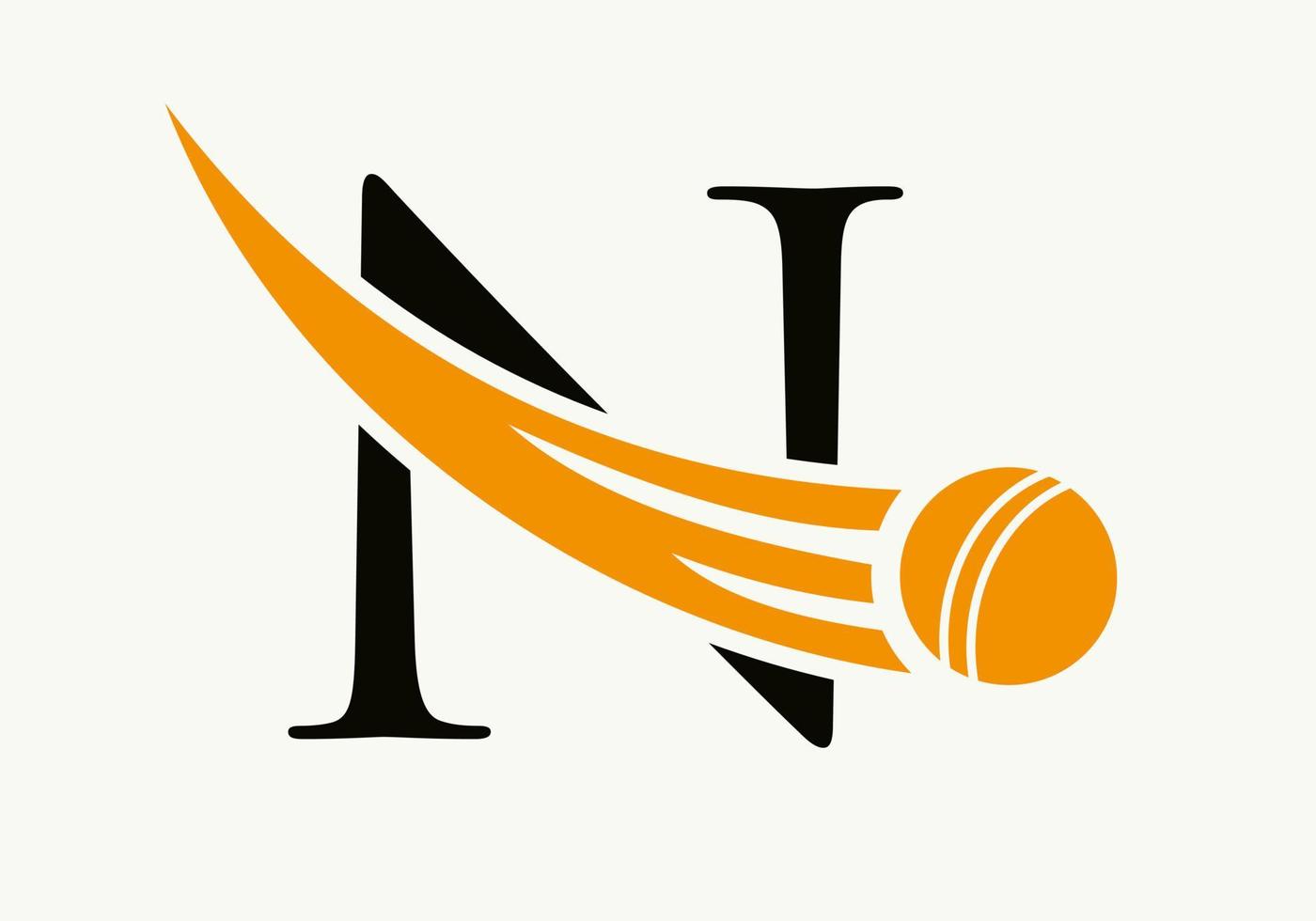 concepto de logotipo de letra n cricket con icono de bola de cricket en movimiento. plantilla de vector de símbolo de logotipo de deportes de cricket