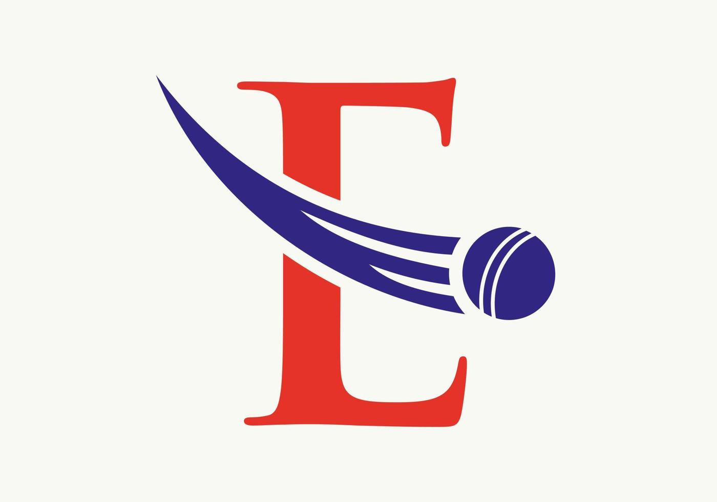 concepto de logotipo de cricket de letra e con icono de bola de cricket en movimiento. plantilla de vector de símbolo de logotipo de deportes de cricket