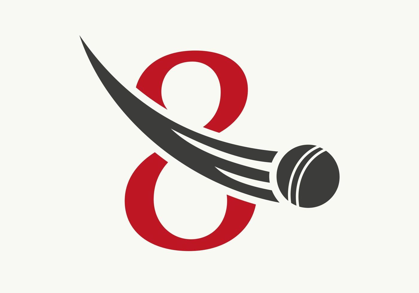 concepto de logotipo de cricket de letra 8 con icono de bola de cricket en movimiento. plantilla de vector de símbolo de logotipo de deportes de cricket