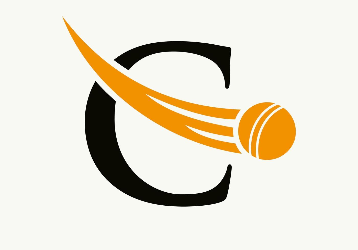 concepto de logotipo de cricket con letra c con icono de bola de cricket en movimiento. plantilla de vector de símbolo de logotipo de deportes de cricket