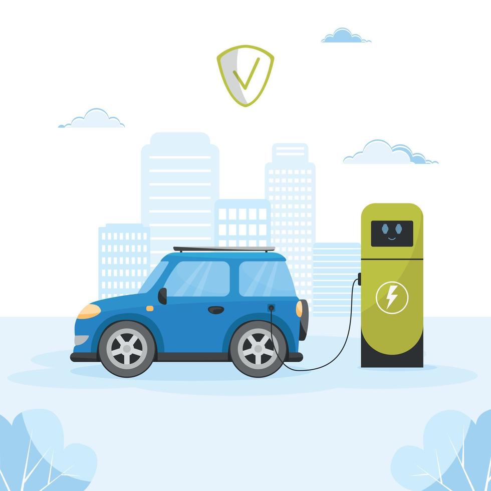 Environmentally friendly car concept. Electric car. Vector car on a city background. The concept of environmentally friendly vehicle, charging electric cars at an electric charging station, environmen