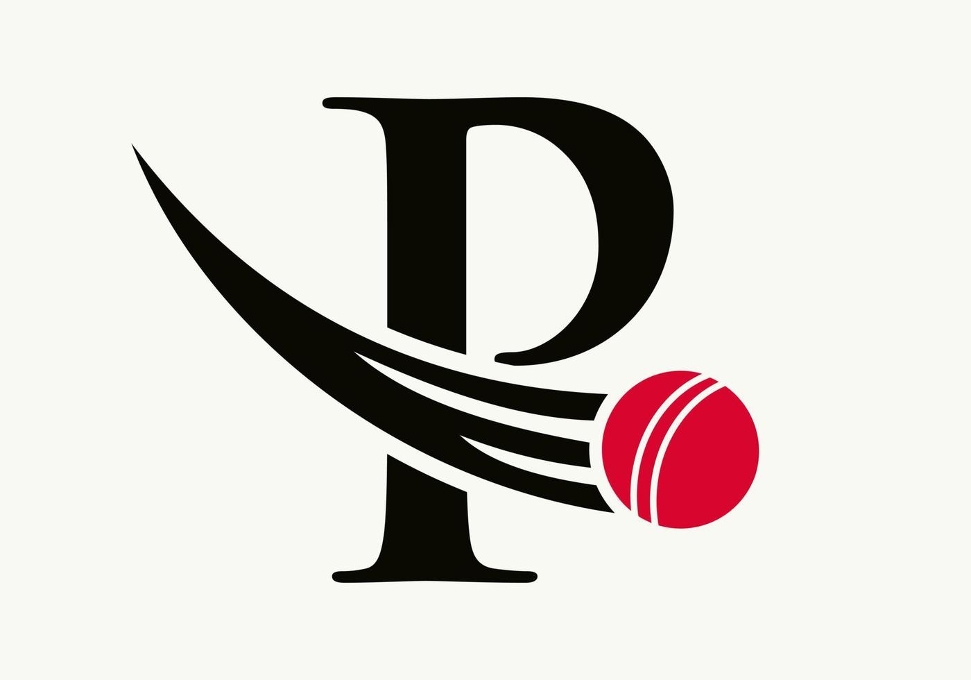 concepto de logotipo de cricket de letra p con icono de bola de cricket en movimiento. plantilla de vector de símbolo de logotipo de deportes de cricket