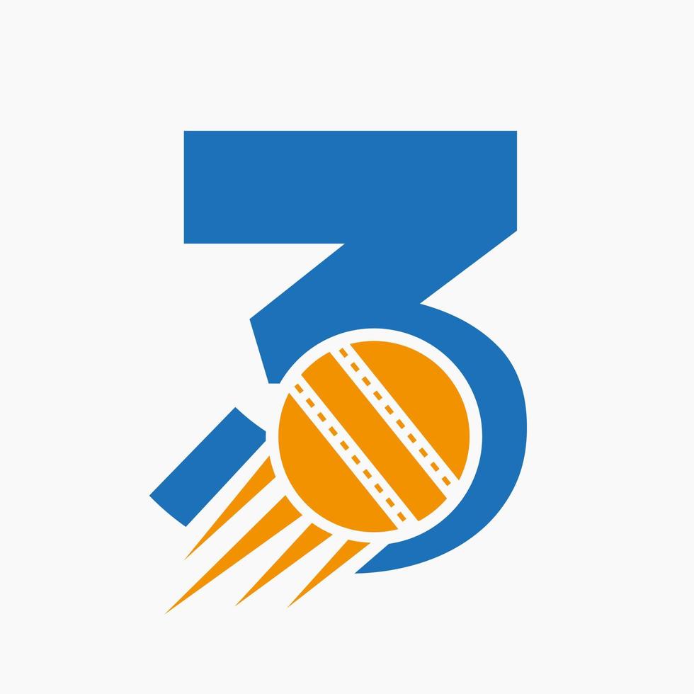 concepto de logotipo de cricket de letra 3 con icono de bola de cricket en movimiento. plantilla de vector de símbolo de logotipo de deportes de cricket