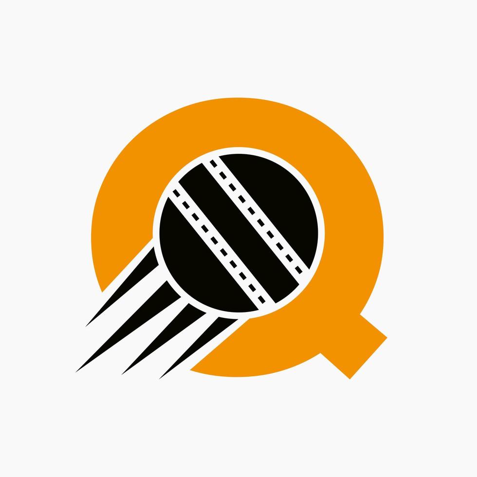 concepto de logotipo de cricket con letra q con icono de bola de cricket en movimiento. plantilla de vector de símbolo de logotipo de deportes de cricket