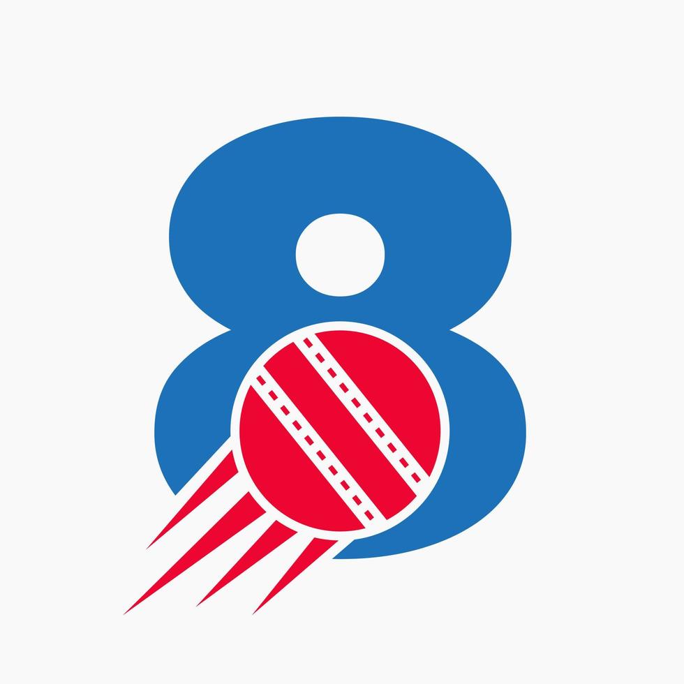 concepto de logotipo de cricket de letra 8 con icono de bola de cricket en movimiento. plantilla de vector de símbolo de logotipo de deportes de cricket
