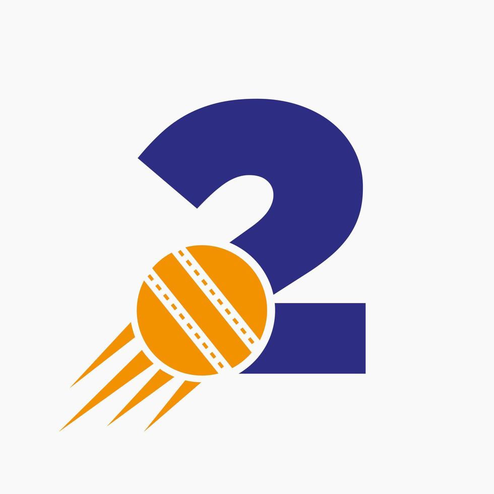 concepto de logotipo de cricket de letra 2 con icono de bola de cricket en movimiento. plantilla de vector de símbolo de logotipo de deportes de cricket